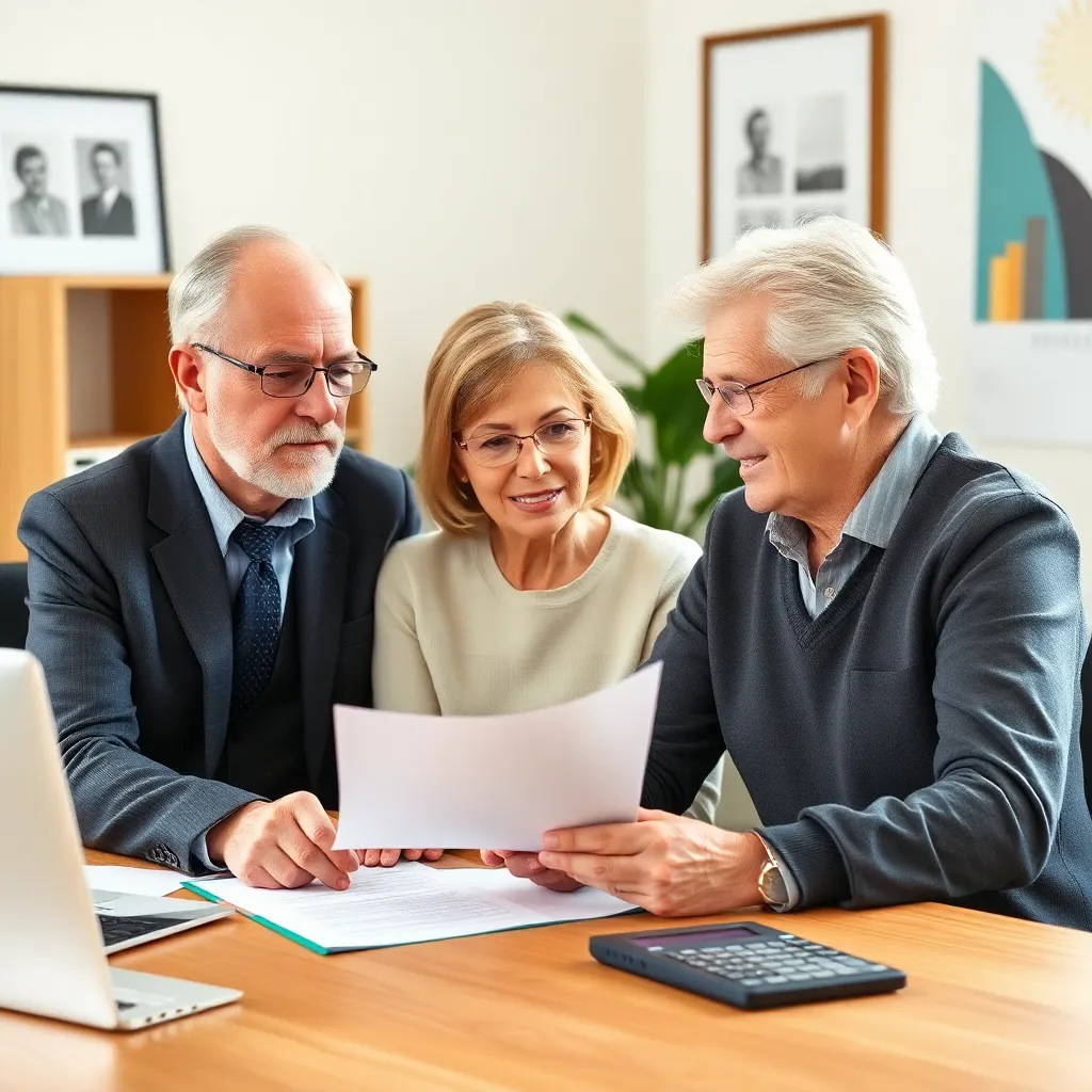 Senior koppel bespreekt pensioenplan met financieel adviseur